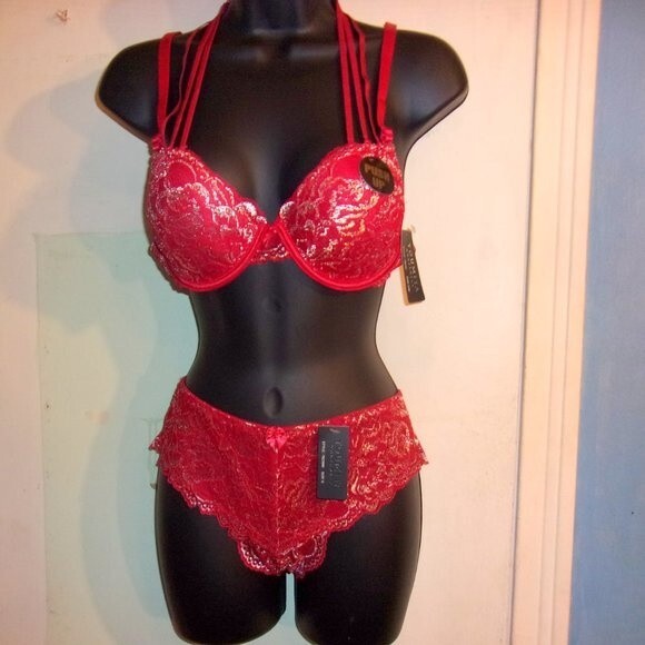 Youmita 36B Chili Pepper Metallic Lace Strappy Bra & Large Hipster Set NWT - Picture 1 of 10
